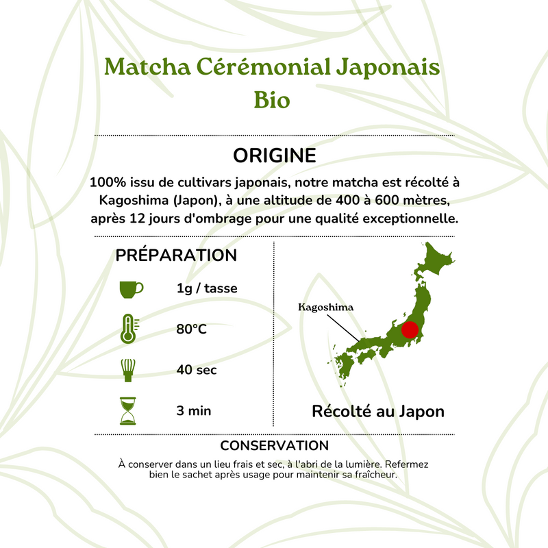 Matcha Cérémonie japonais bio 100g - récolté et moulu à Kagoshima (Japon) | NOUVEAUTÉ