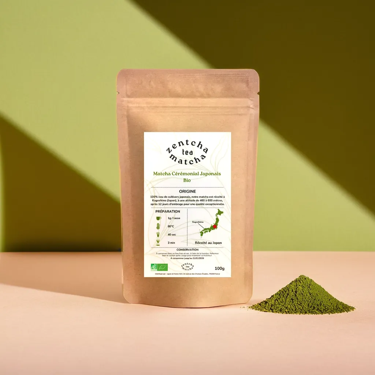 Matcha Cérémonie japonais bio 100g - récolté et moulu à Kagoshima (Japon) | NOUVEAUTÉ