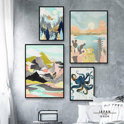 Affiche japonaise - Paysage abstrait, "Montagnes et cactus"