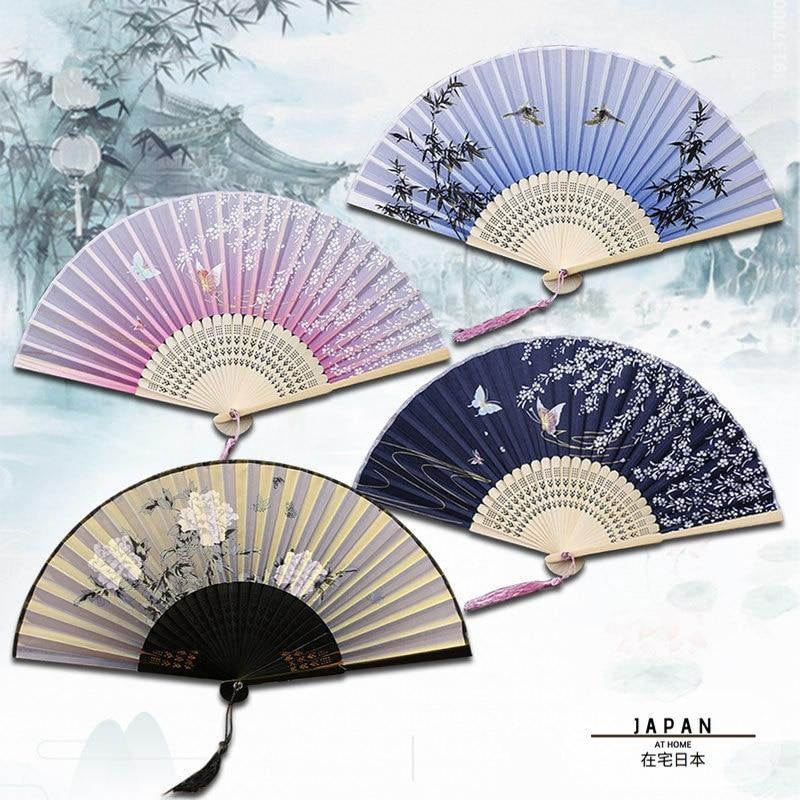 Eventail japonais en bambou et satin (14 couleurs)